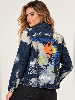 Demolition Graffiti Acid Wash Denim Jacket Y2K Streetwear M